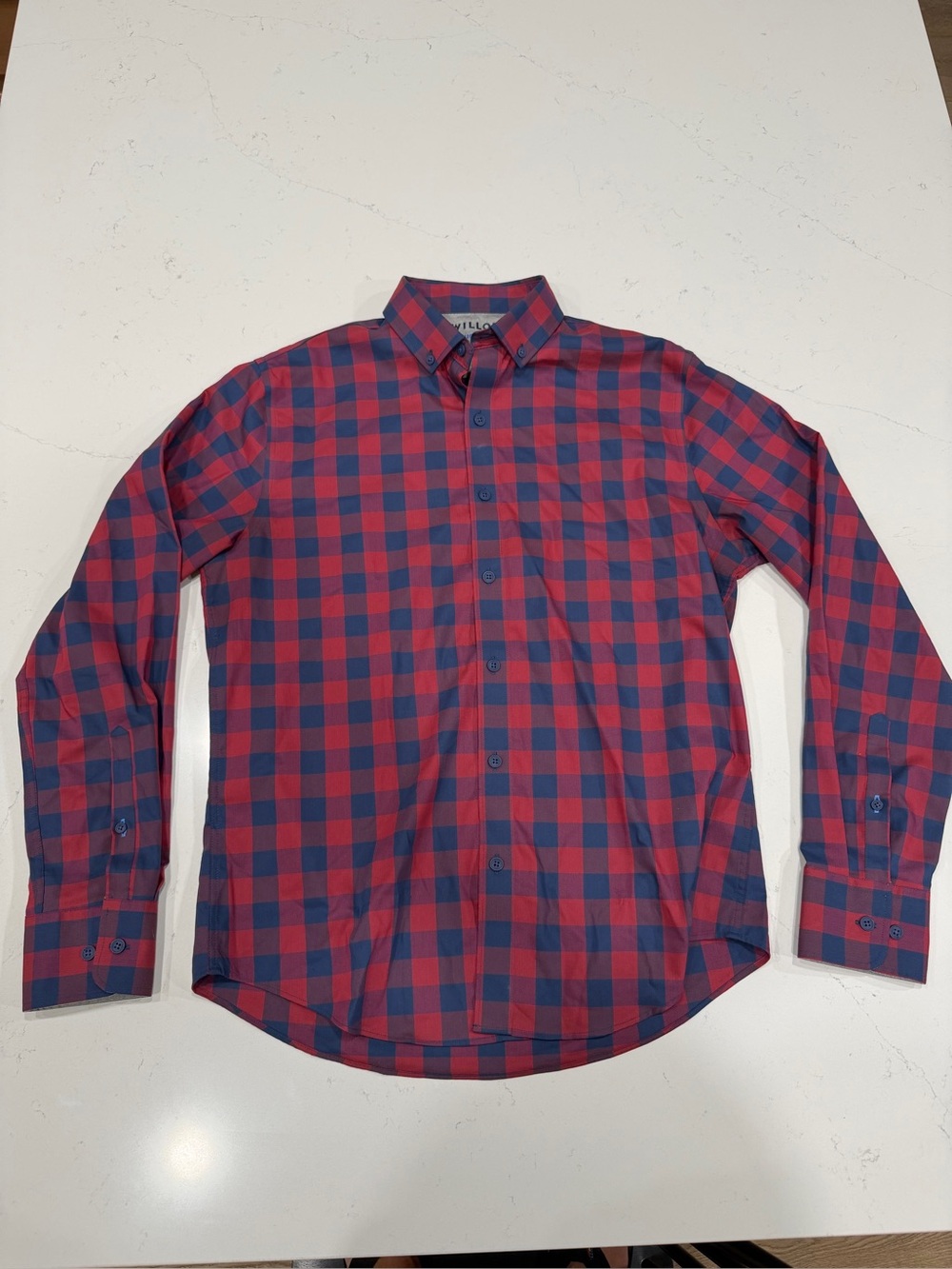 Twillory Men's Untuckable Red and Blue Checked Button-Down Shirt - Medium